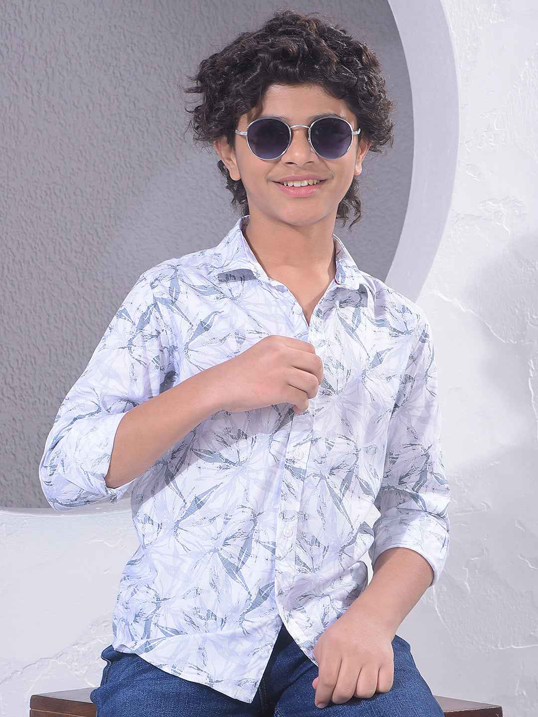 White Floral Print Modal Shirt