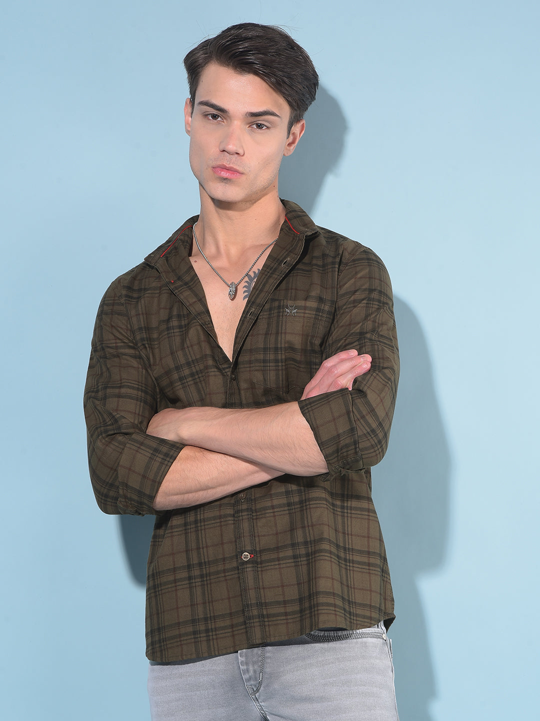 Olive Tartan Check 100% Cotton Shirt-Men Shirts-Crimsoune Club