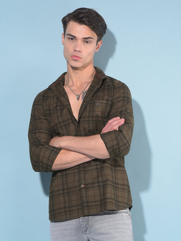 Olive Tartan Check 100% Cotton Shirt-Men Shirts-Crimsoune Club