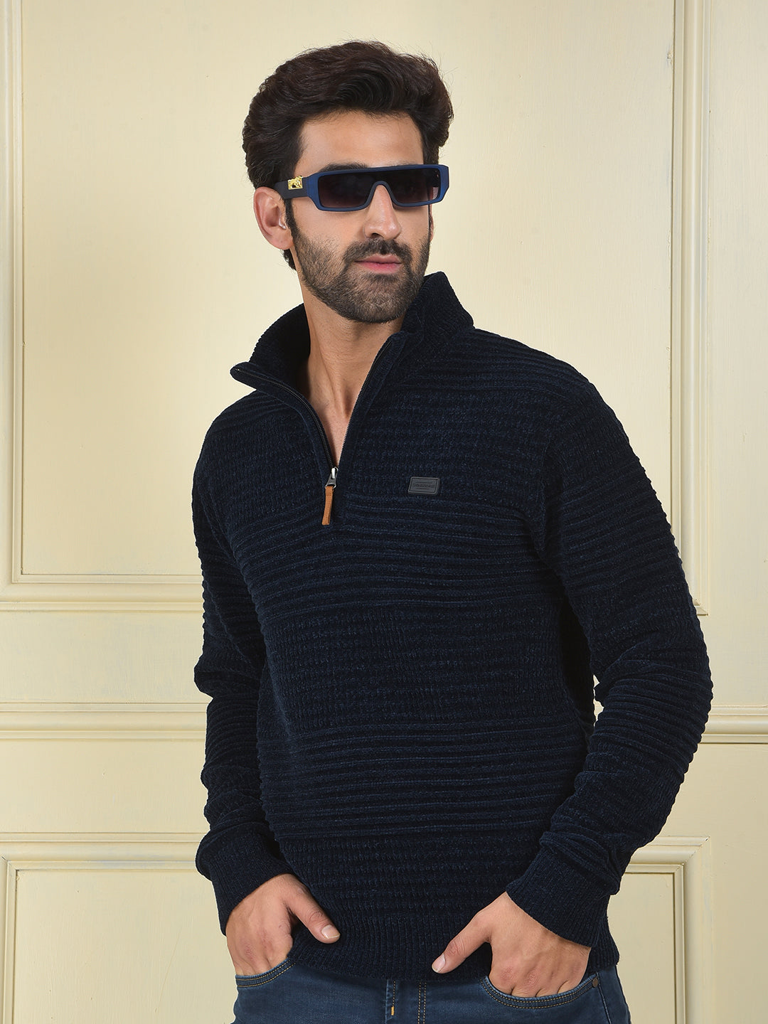 Navy Blue Jacquard Knitted Sweater