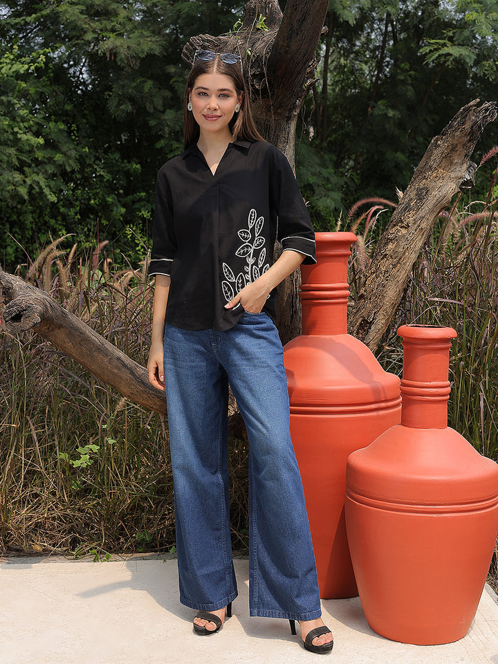 Cotton Black Embroidered Longline Top