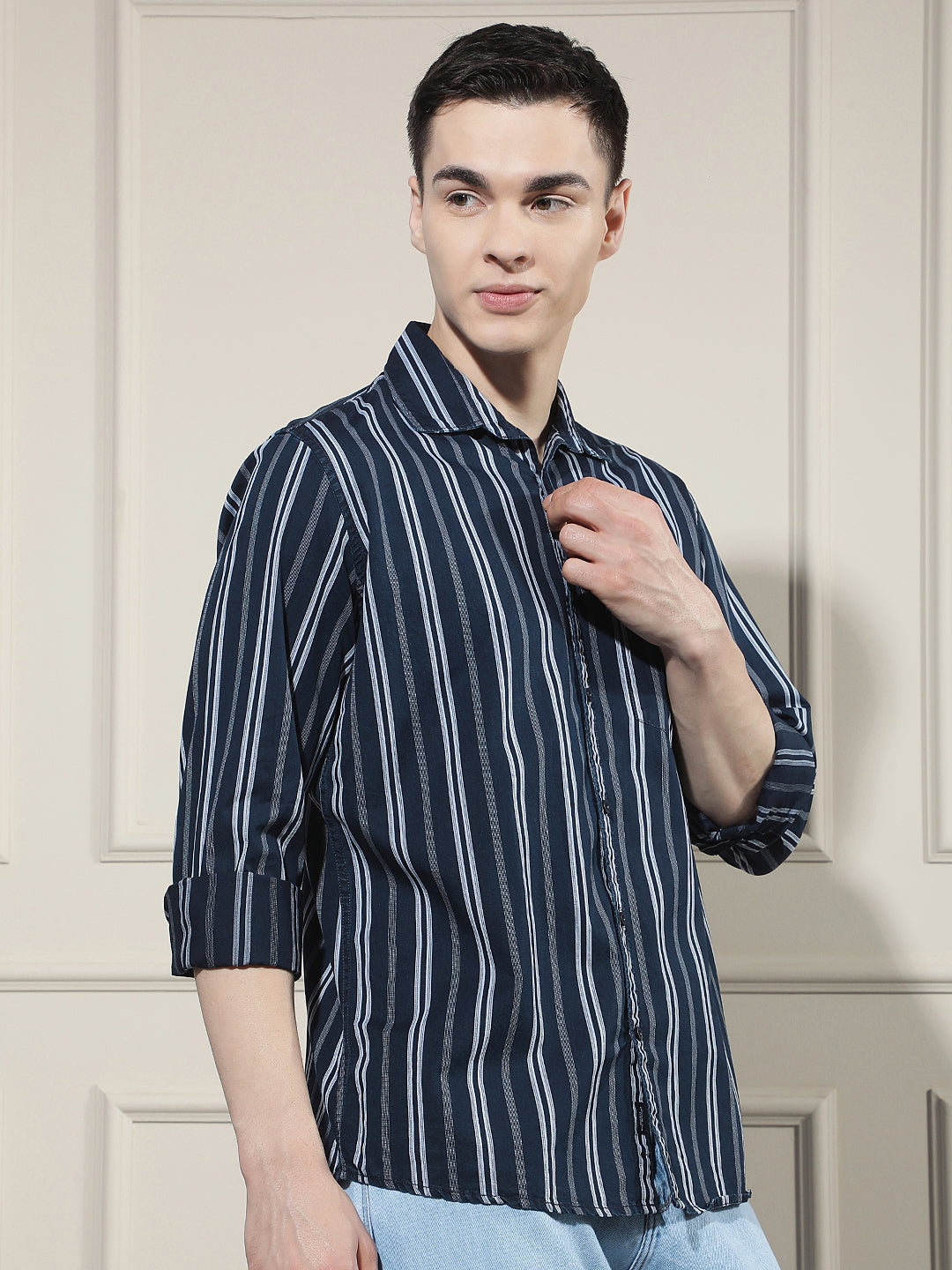 Navy Blue Vertical Stripes 100% Cotton Shirt