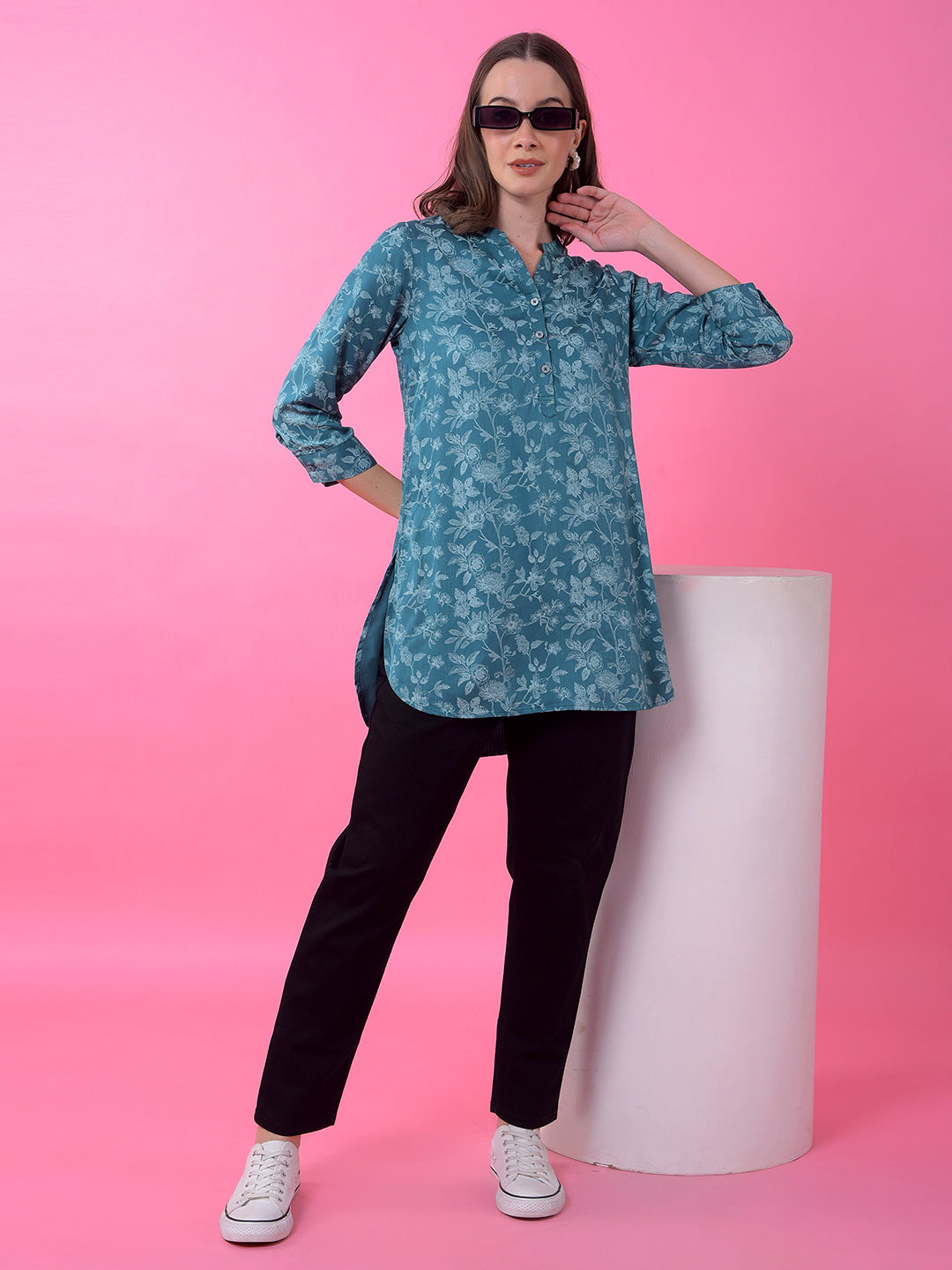 Blue Floral Print V-Neck Top