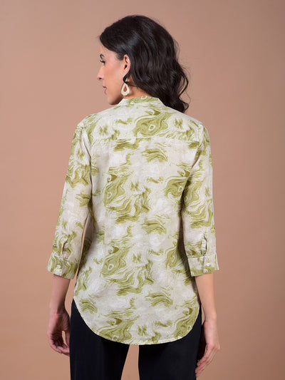Green Printed V-Neck Linen Top