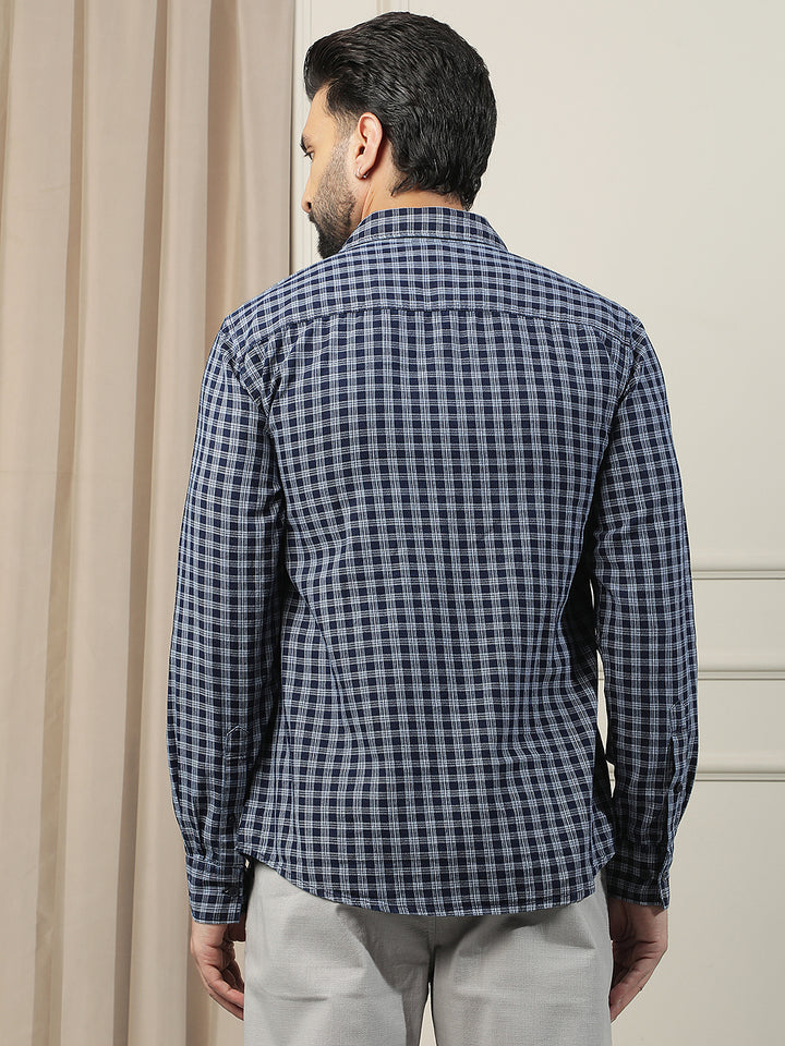 Navy Blue 100% Cotton Checked Shirt