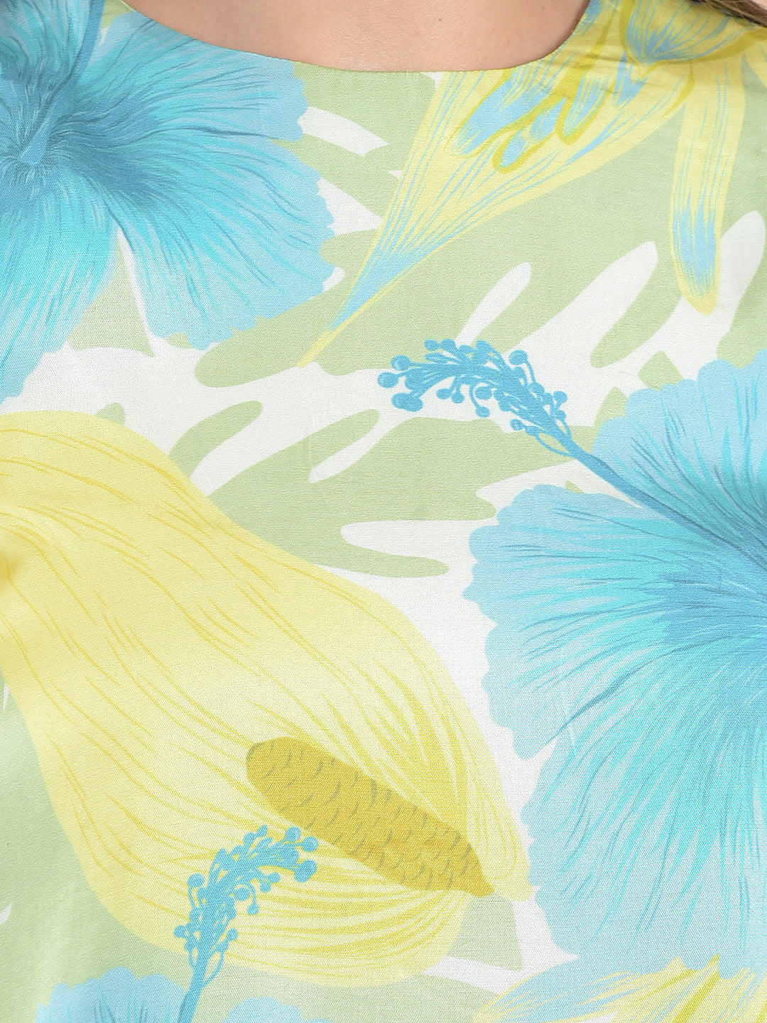 Green Floral Print Sleeveless Modal Crop Top