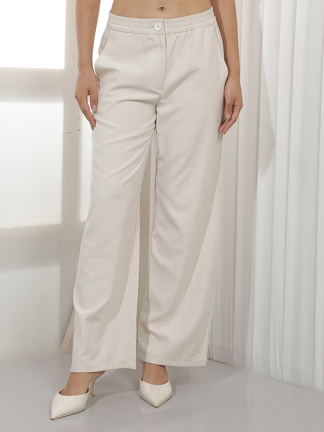 Cream Wide Leg Casual Trousers
