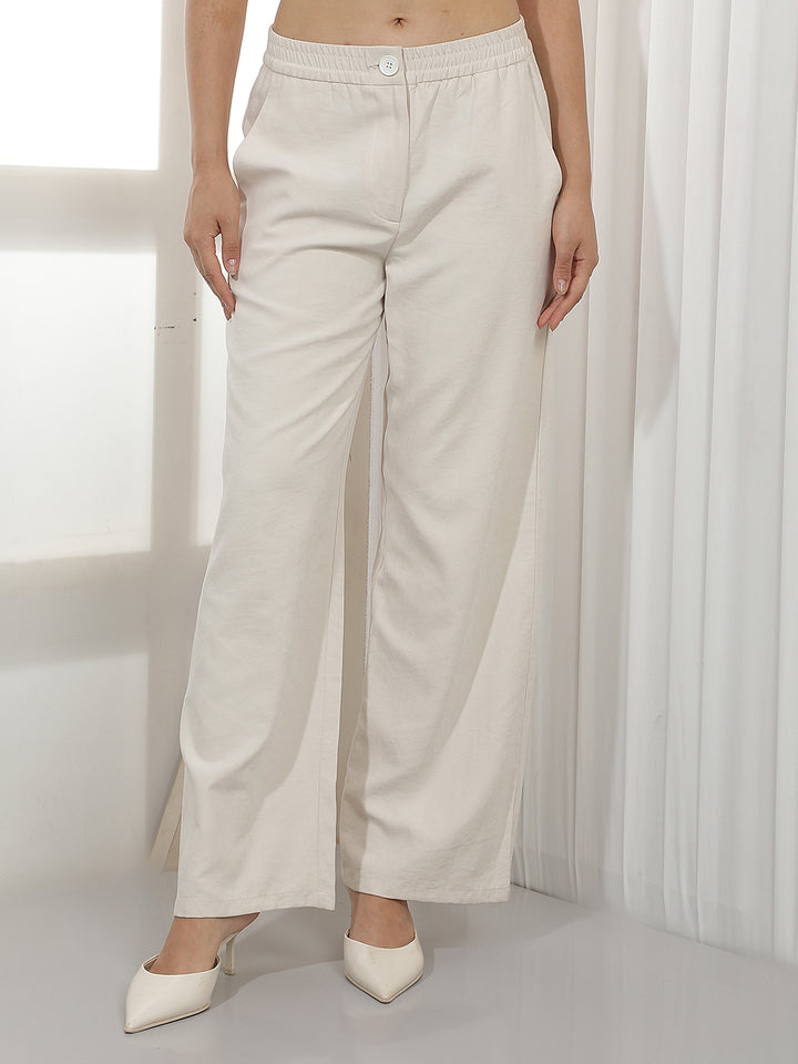Cream Wide Leg Casual Trousers