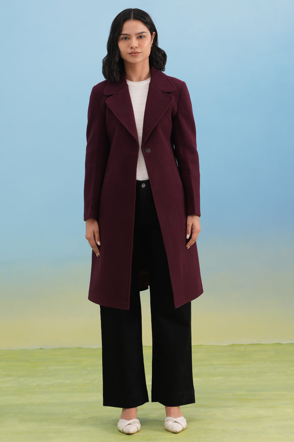 Wine Notched-Lapel Over-Coat