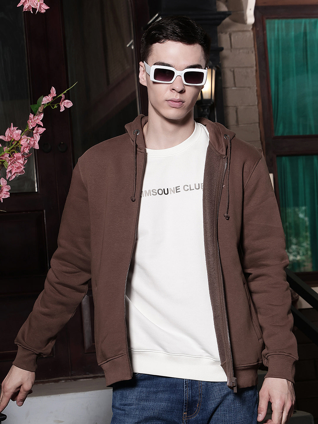 Brown Hooded Neck Front Open Sweatshirt