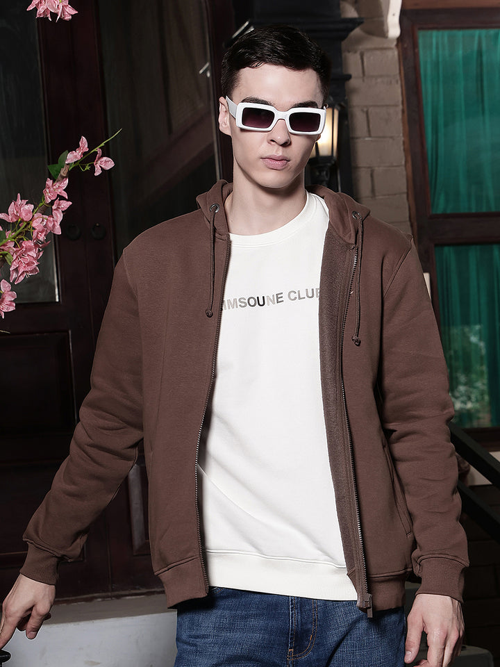 Brown Hooded Neck Front Open Sweatshirt