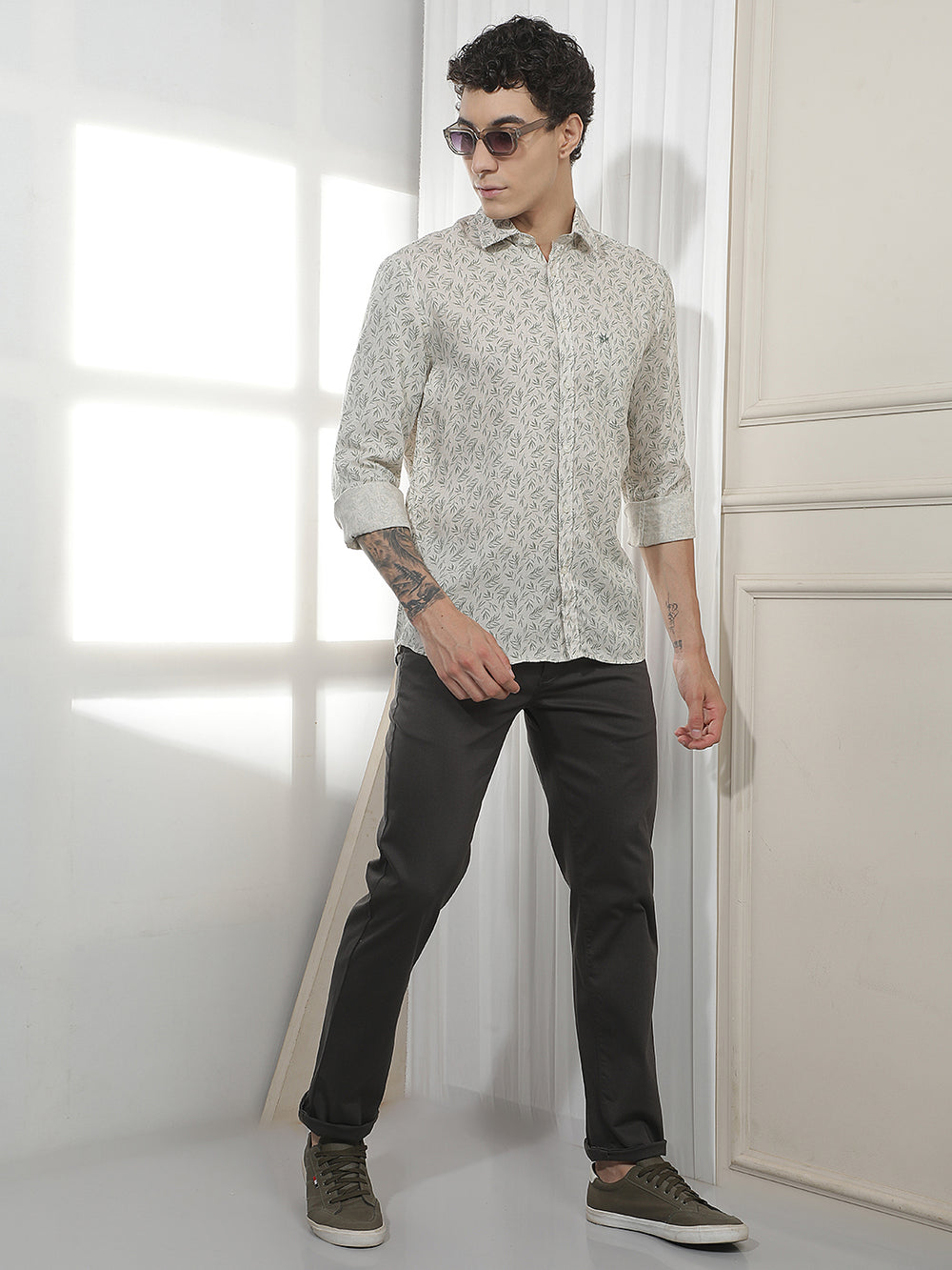 Green Botanical Print Linen Shirt