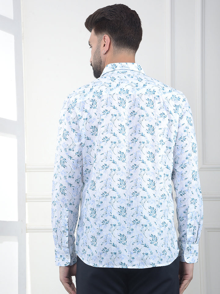 Ocean Blue Blue Floral Print Linen Shirt