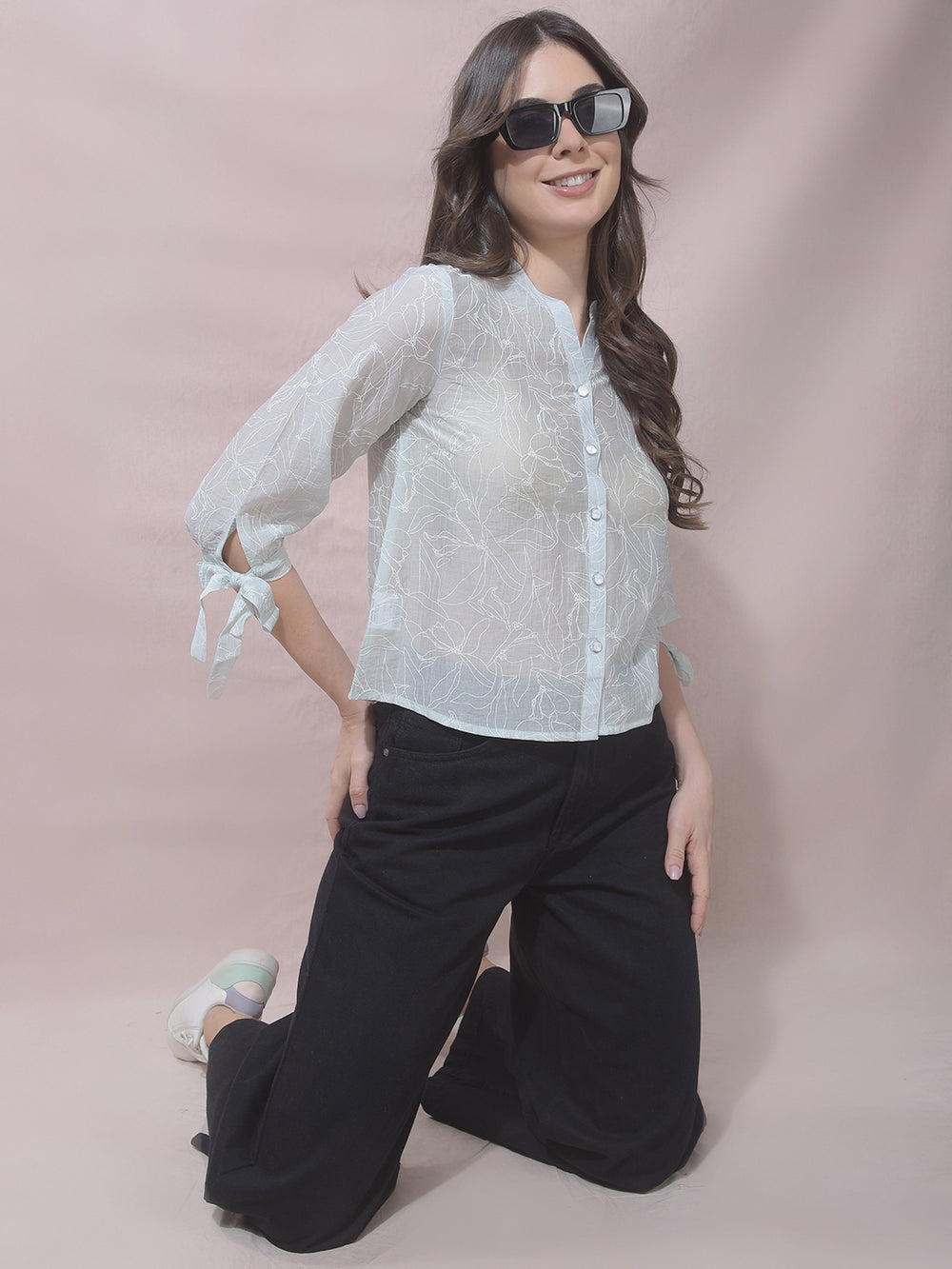 Green Printed V-Neck Shirt