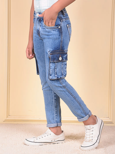 Blue 100% Cotton Straight Cargo Jeans