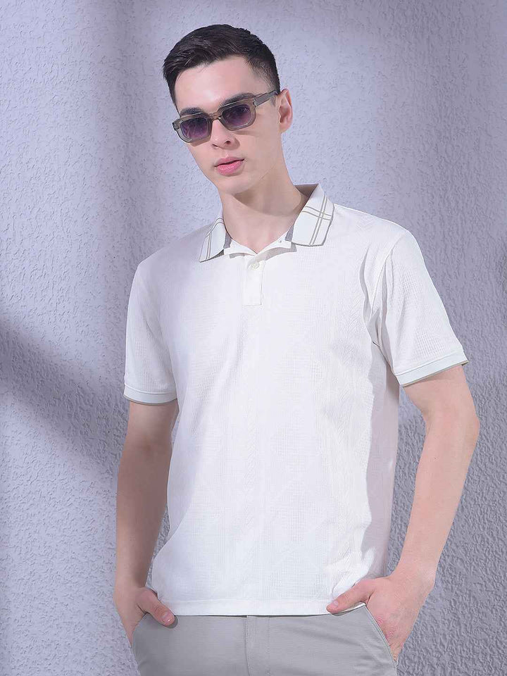 White Jacquard Polo Neck T-Shirt