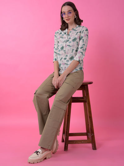 Green Printed V-Neck Linen Top