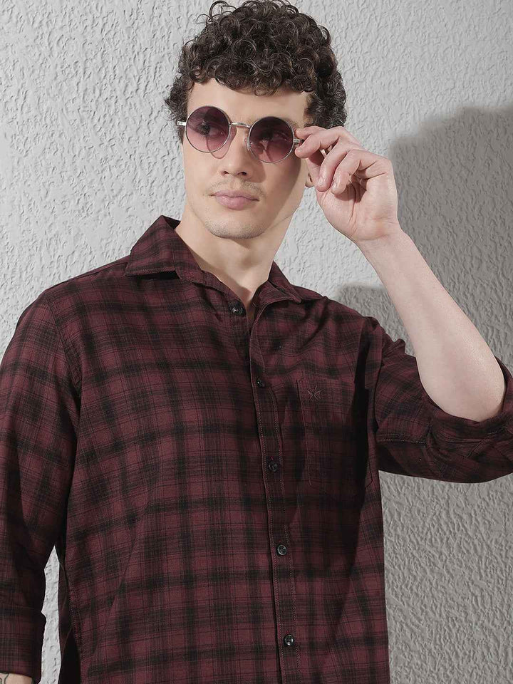 100% Cotton Maroon Checked Shirt