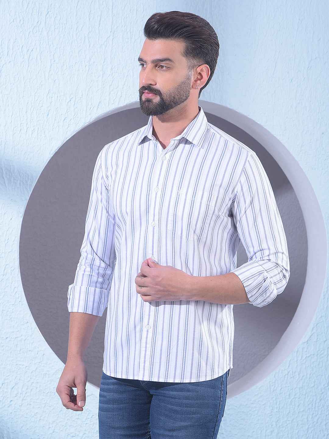 White 100% Cotton Vertical Stripes Shirt
