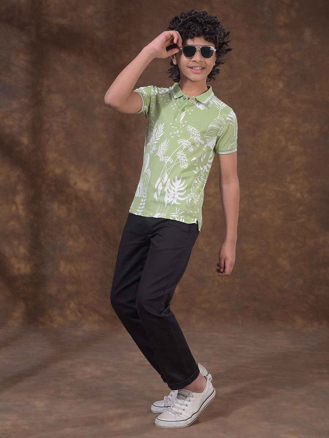 Green Floral Print Polo Neck T-Shirt