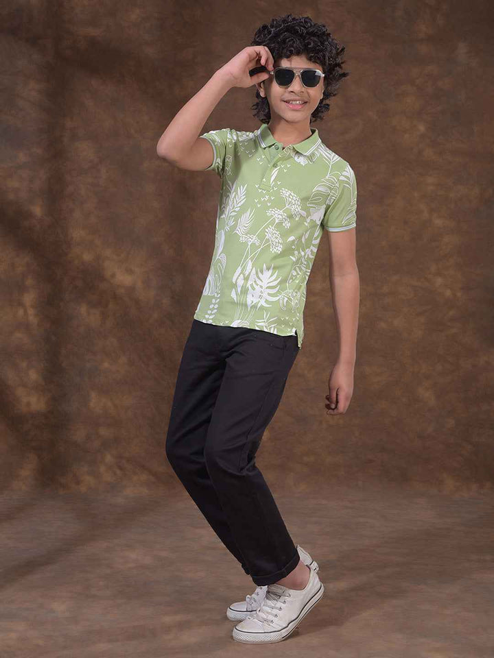 Green Floral Print Polo Neck T-Shirt