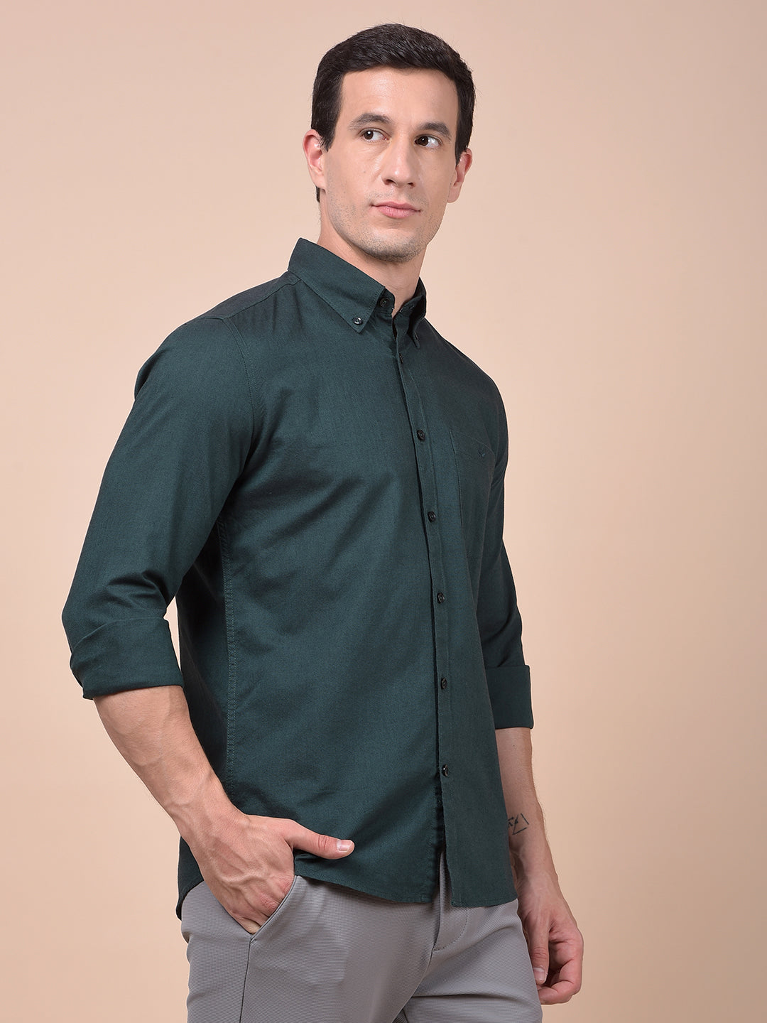 Green Button-Down Collar 100% Cotton Shirt