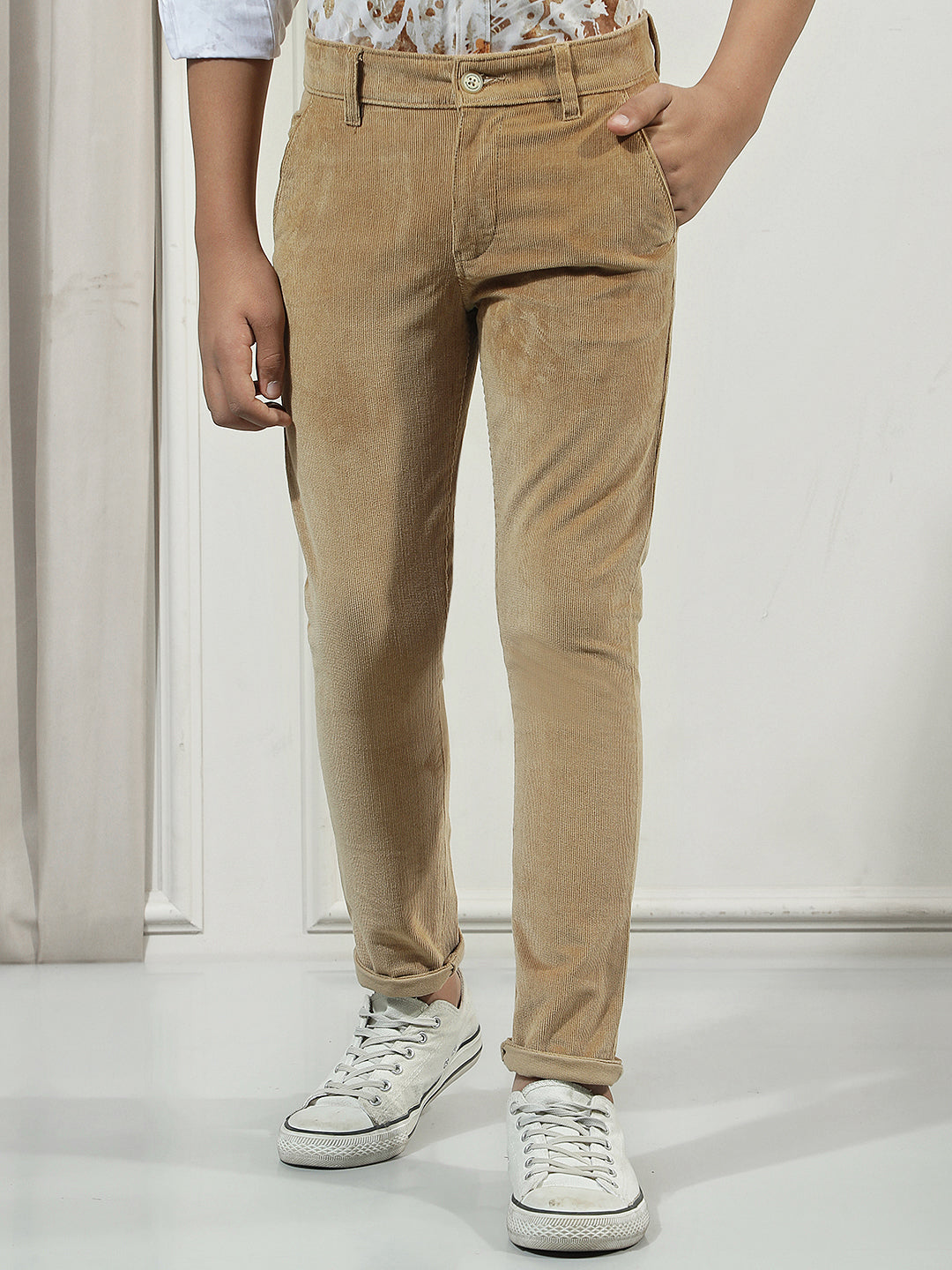 Beige Cotton Stretchable Corduroy Trousers