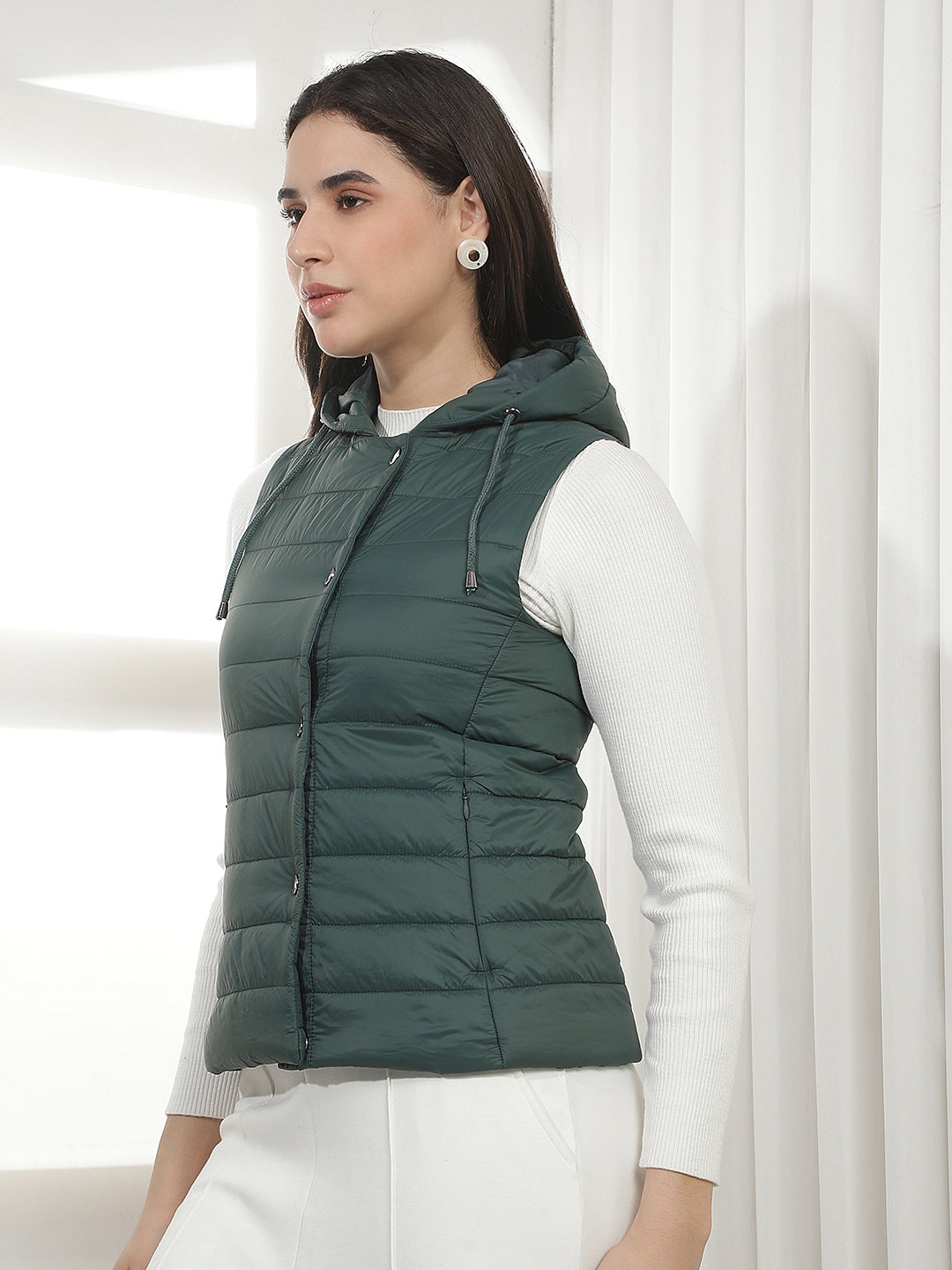 Green Sleeveless Hooded Puffer Jacket