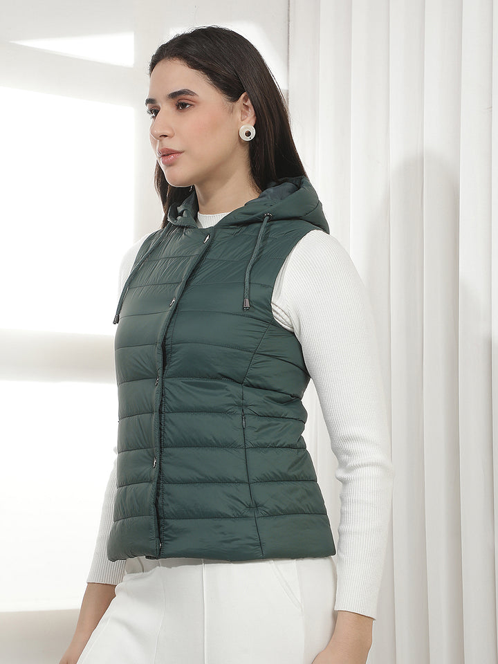 Green Sleeveless Hooded Puffer Jacket