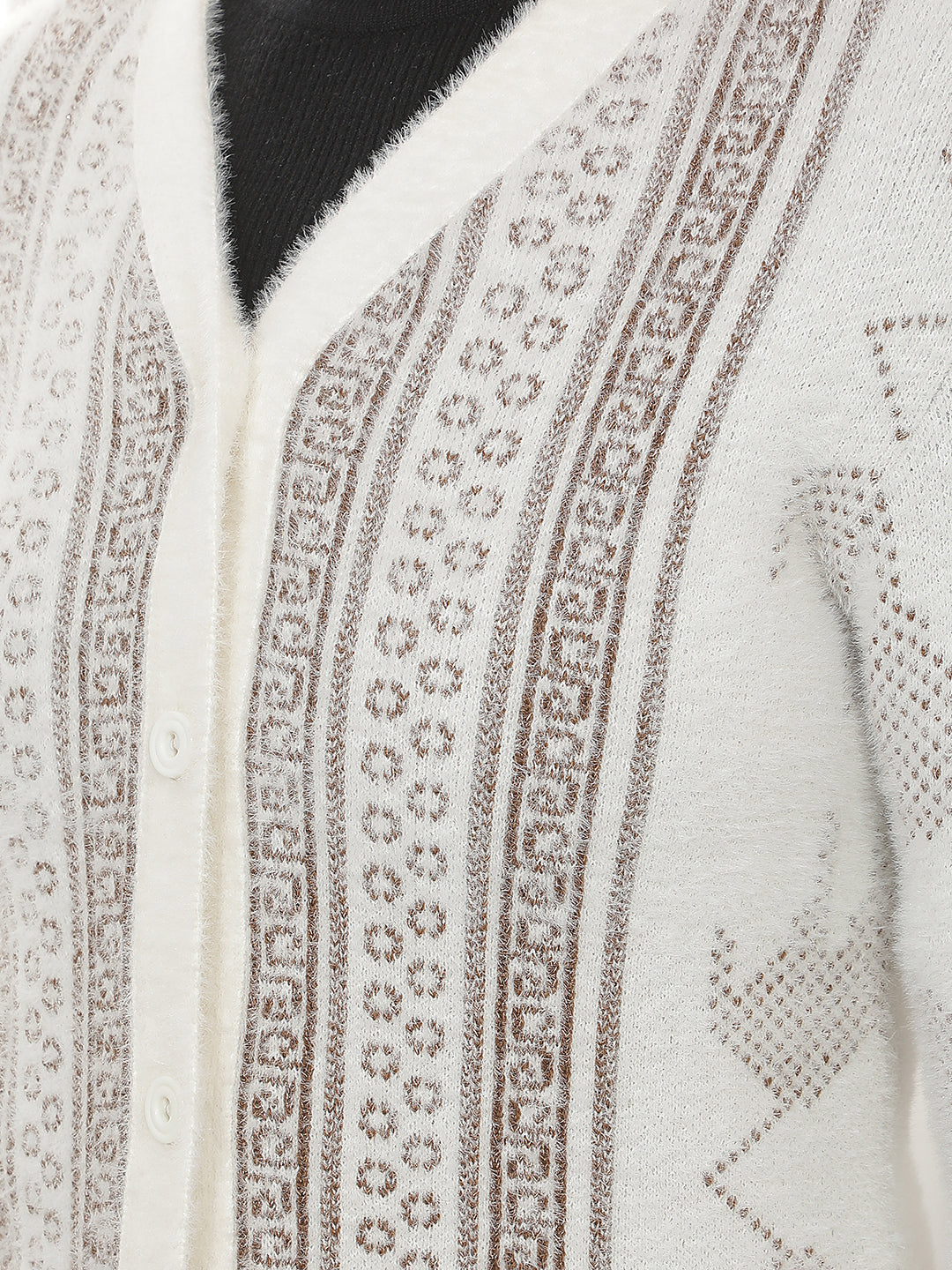 Off White Jacquard V-Neck Cardigan