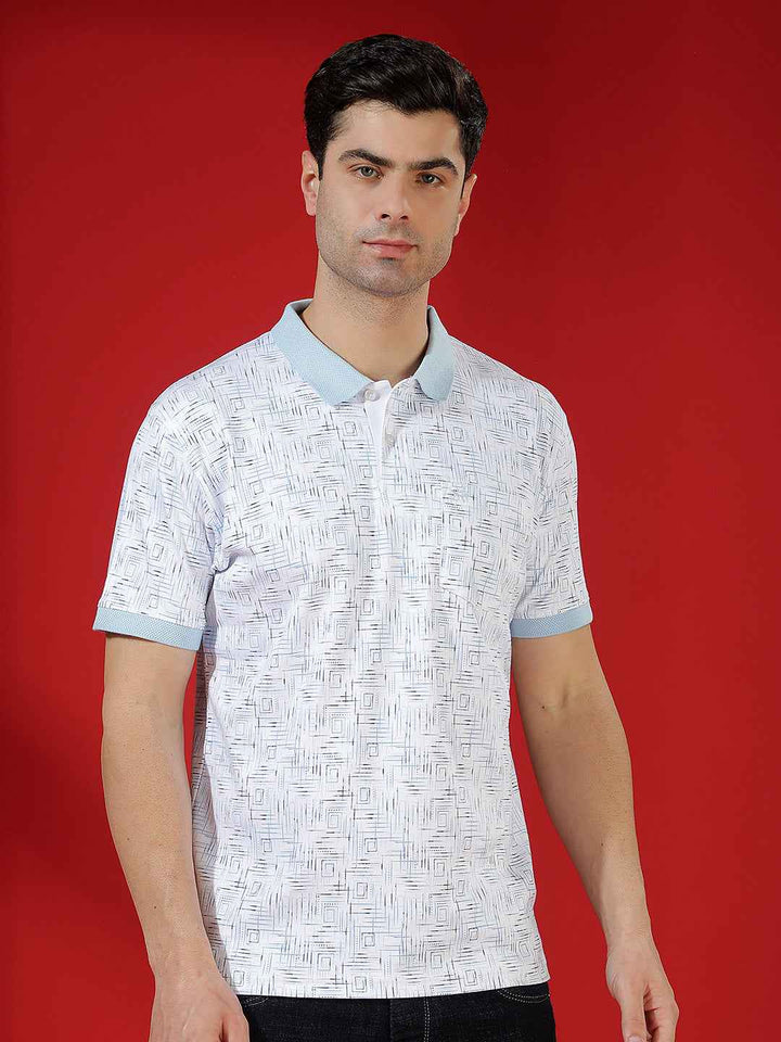 Blue Printed Polo Neck 100% Cotton T-Shirt