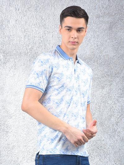 Blue Floral Print Polo Neck T-Shirt