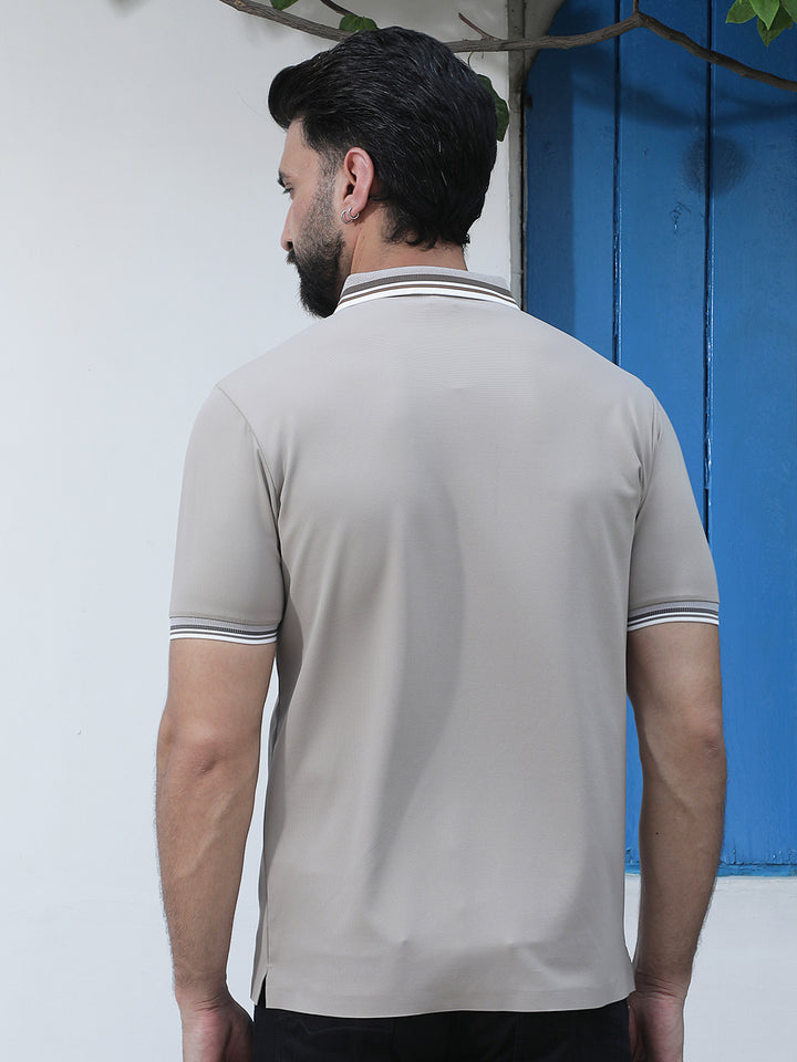 Beige Polo Neck Knitted T-Shirt