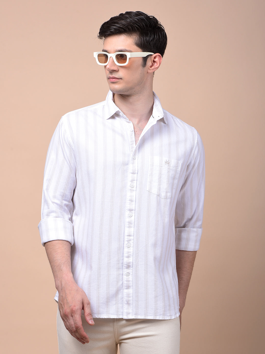 Beige Vertical Stripes 100% Cotton Shirt
