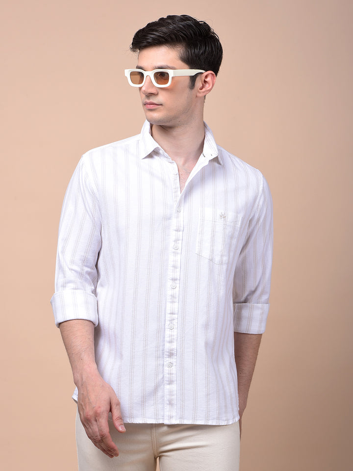 Beige Vertical Stripes 100% Cotton Shirt