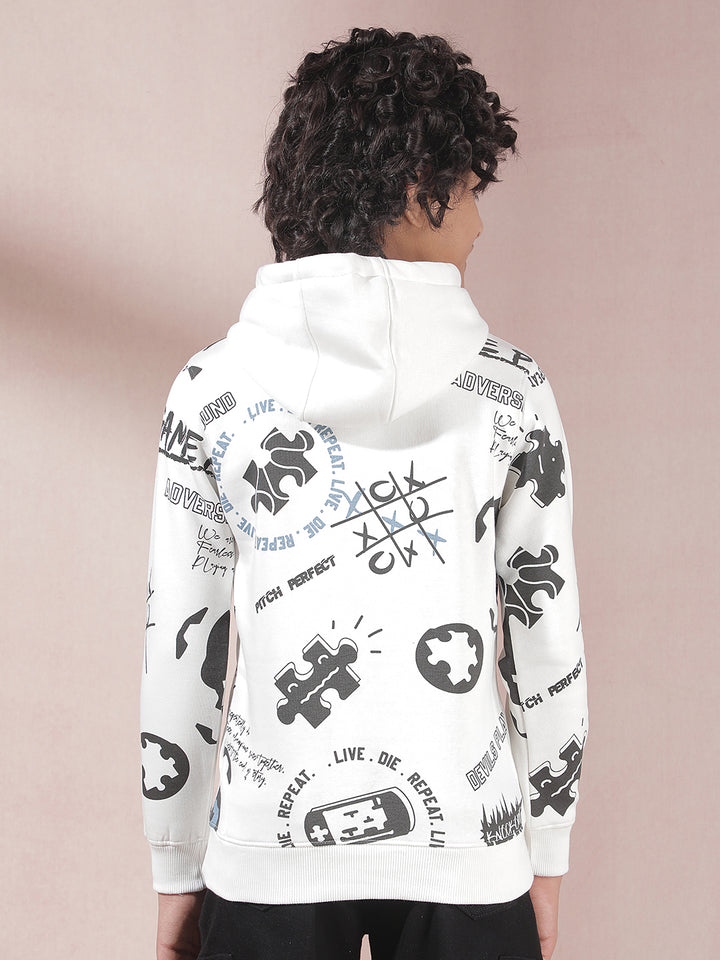 White Printed Hooded Neck Sweatshirt