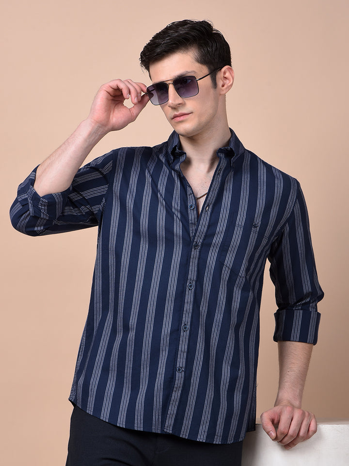 Navy Blue Vertical Stripes Button-Down Collar 100% Cotton Shirt