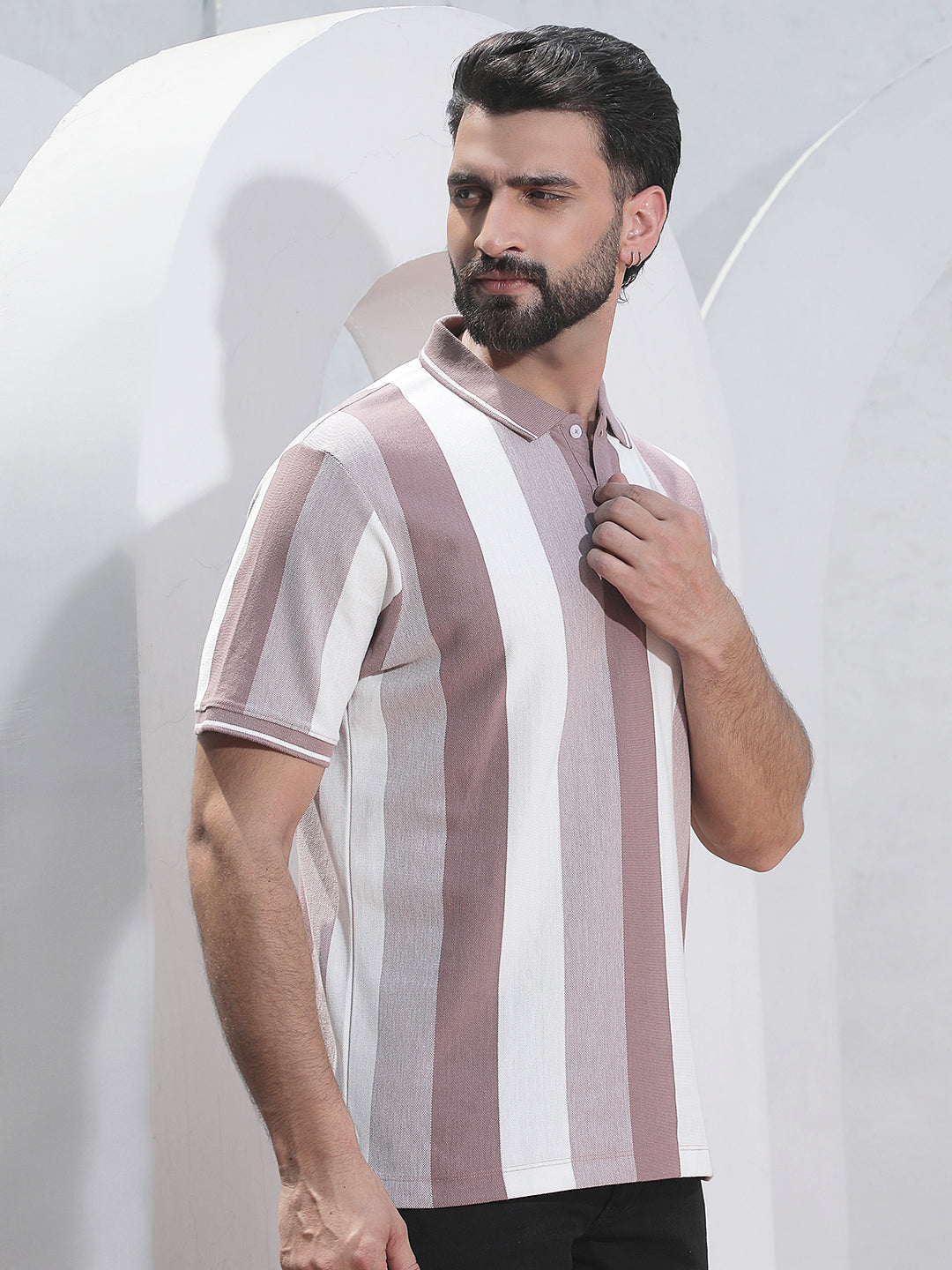 Purple Vertical Striped Polo Neck T-Shirt