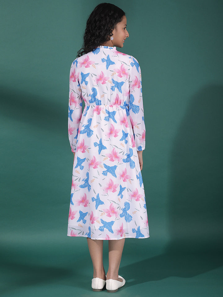 Multi-Color Floral Print A-Line Midi Dress