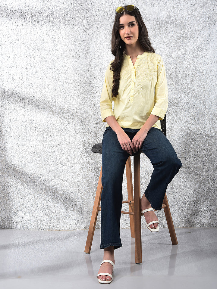 Yellow Embroidered V-Neck 100% Cotton Top