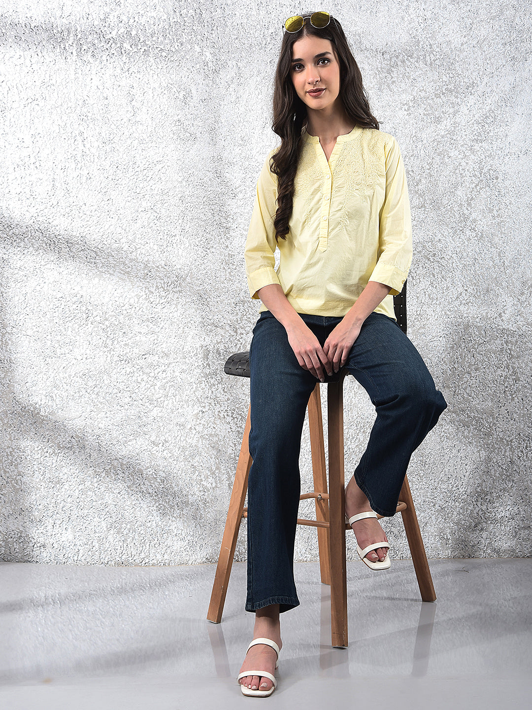 Yellow Embroidered V-Neck 100% Cotton Top