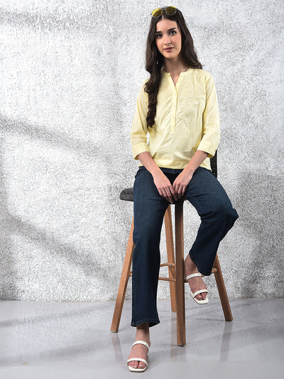 Yellow Embroidered V-Neck 100% Cotton Top