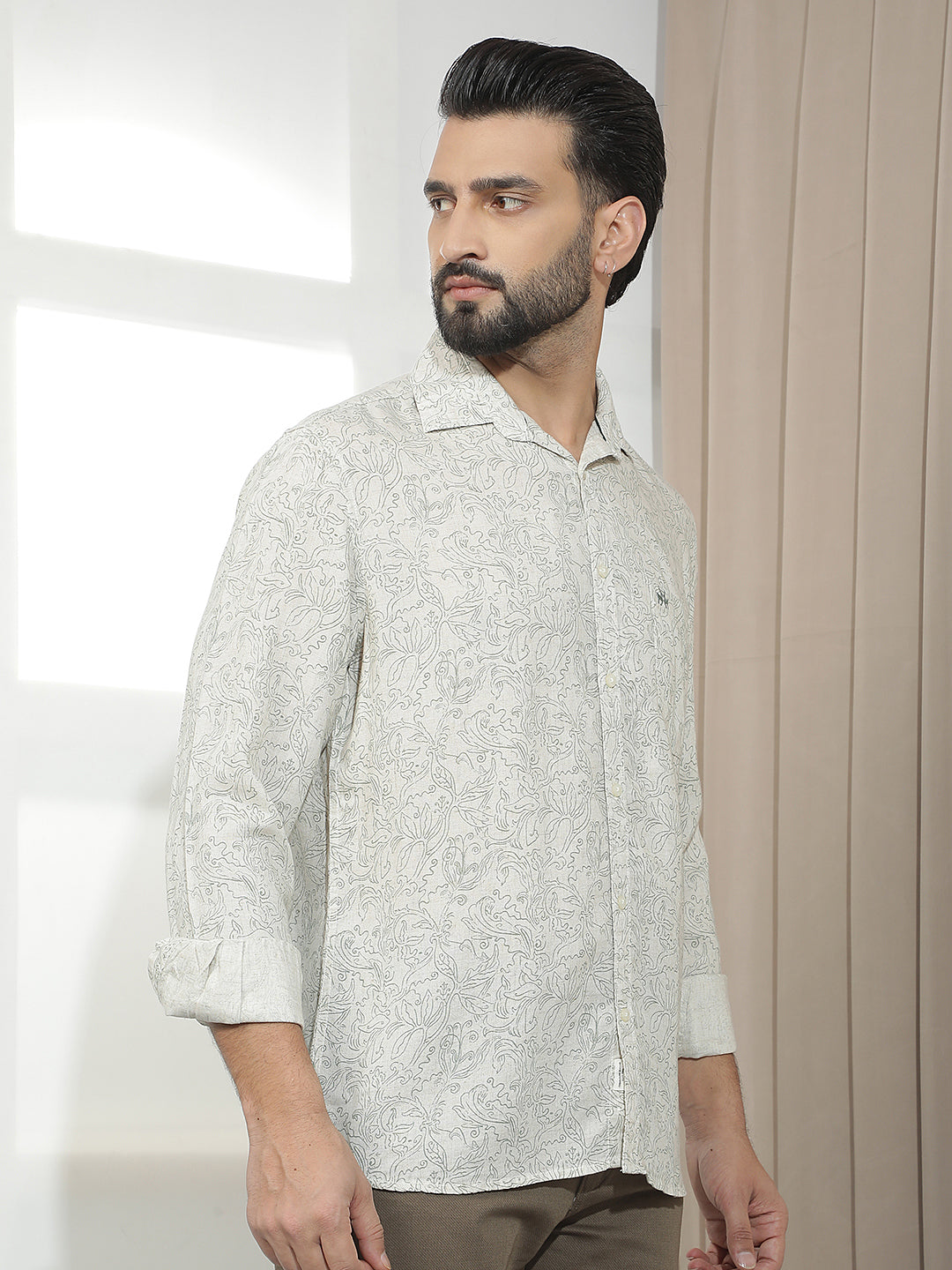 Linen Green Floral Print Shirt