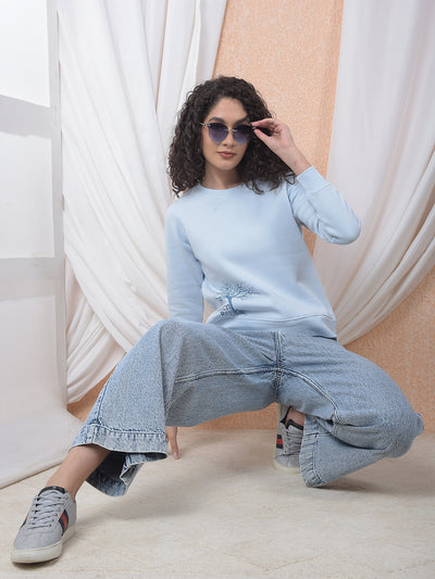 Textured 100% Cotton Wide Leg Blue Baggy Jeans