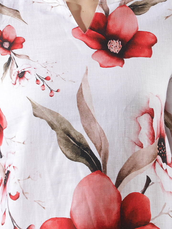 Red Floral Print Oversize Linen Top