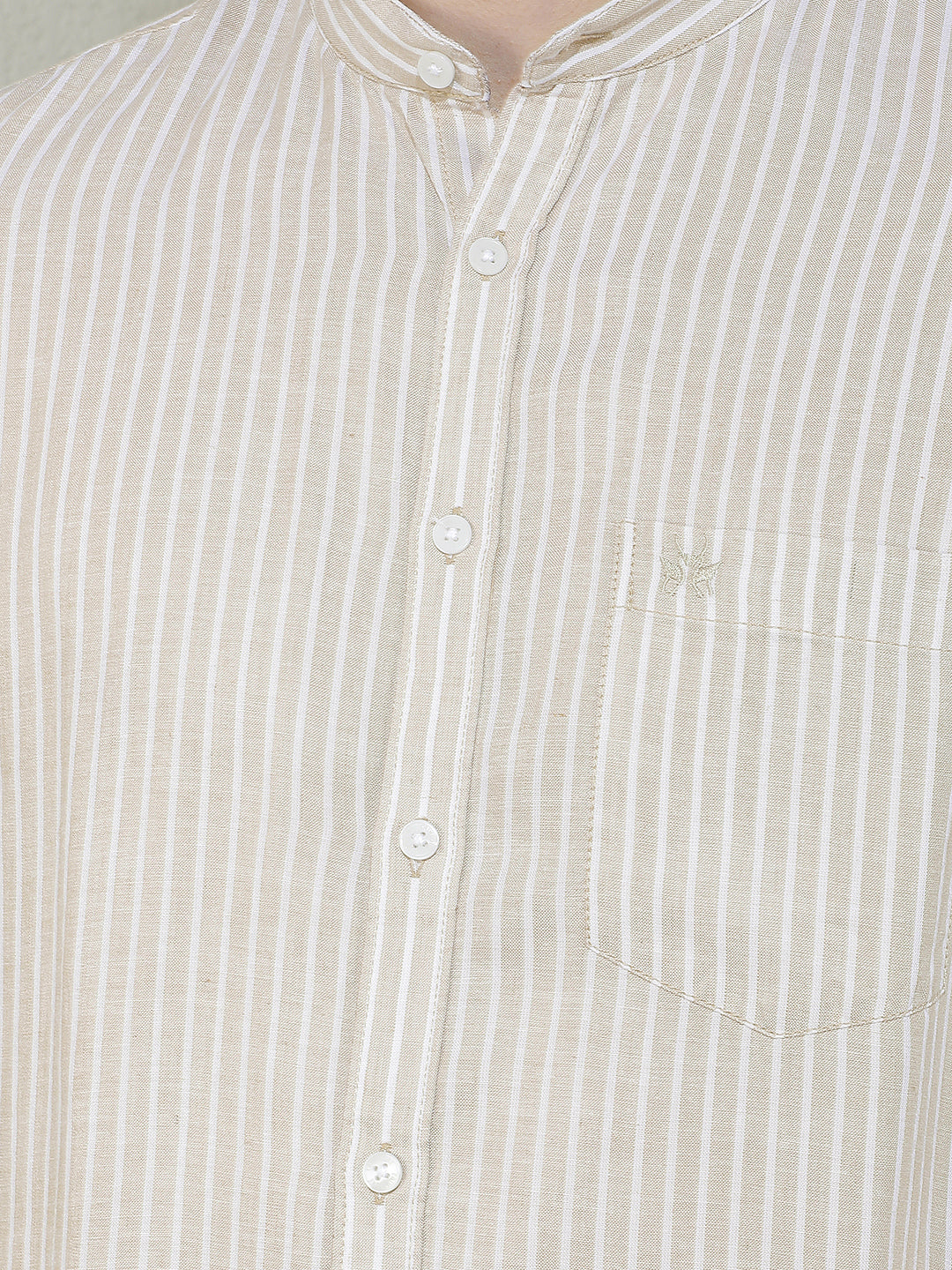 Beige Vertical Stripes Mandarin Neck Linen Shirt