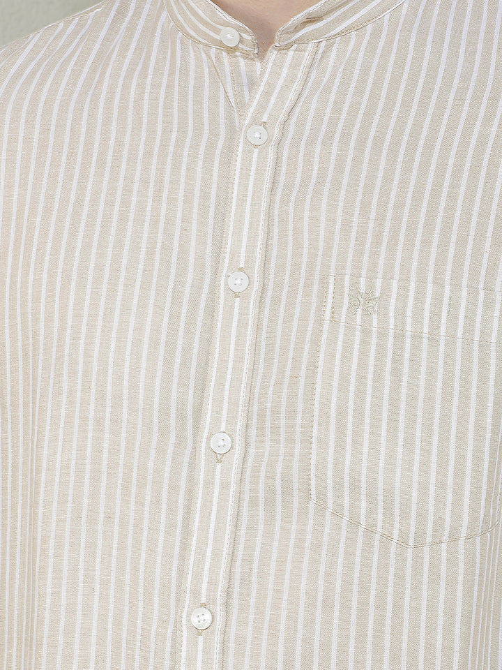 Beige Vertical Stripes Mandarin Neck Linen Shirt
