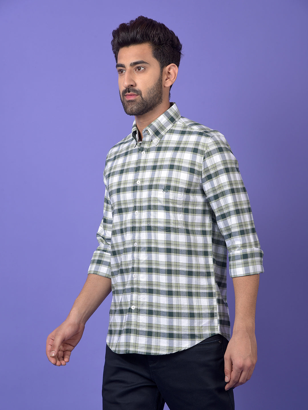 Green Checked 100% Cotton Button-Down Collar Shirt