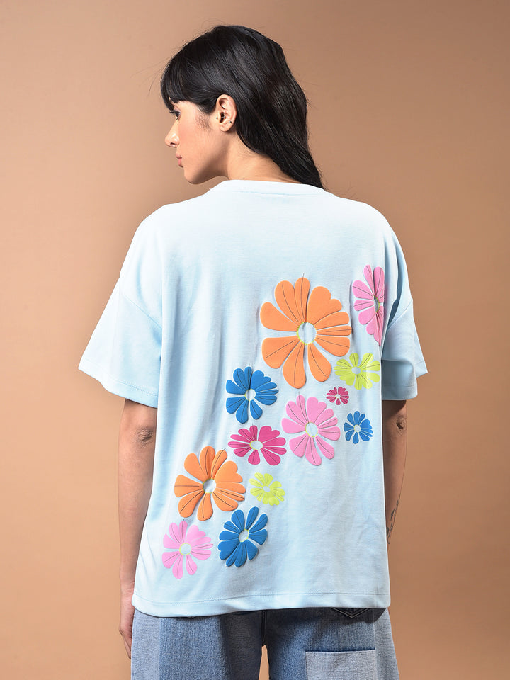 Blue Floral Print Oversize T-Shirt-Women T-Shirts-Crimsoune Club