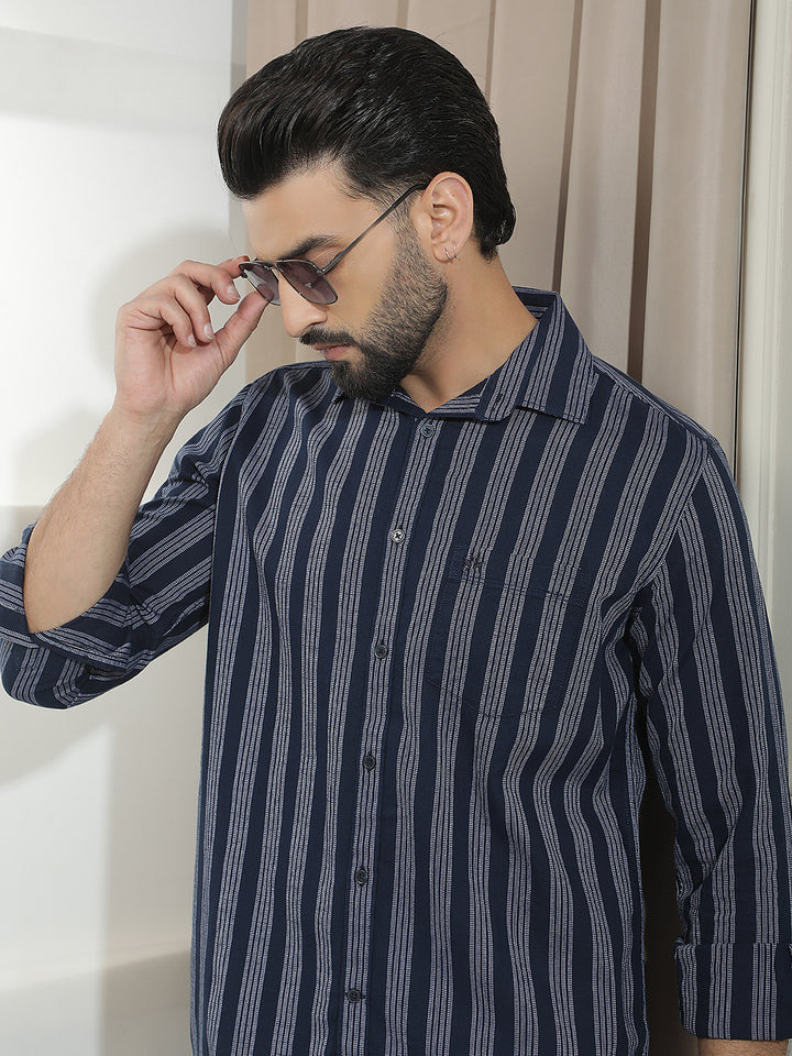 Navy Blue 100% Cotton Verical Stripes Shirt